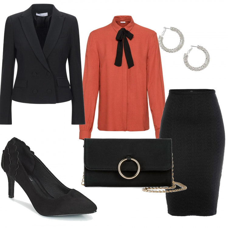 Outfit donna - Tailleur. Stile Basic per Ufficio. Abbinamento con cappotti, gonne, camicie, blazer, décolleté, orecchini.