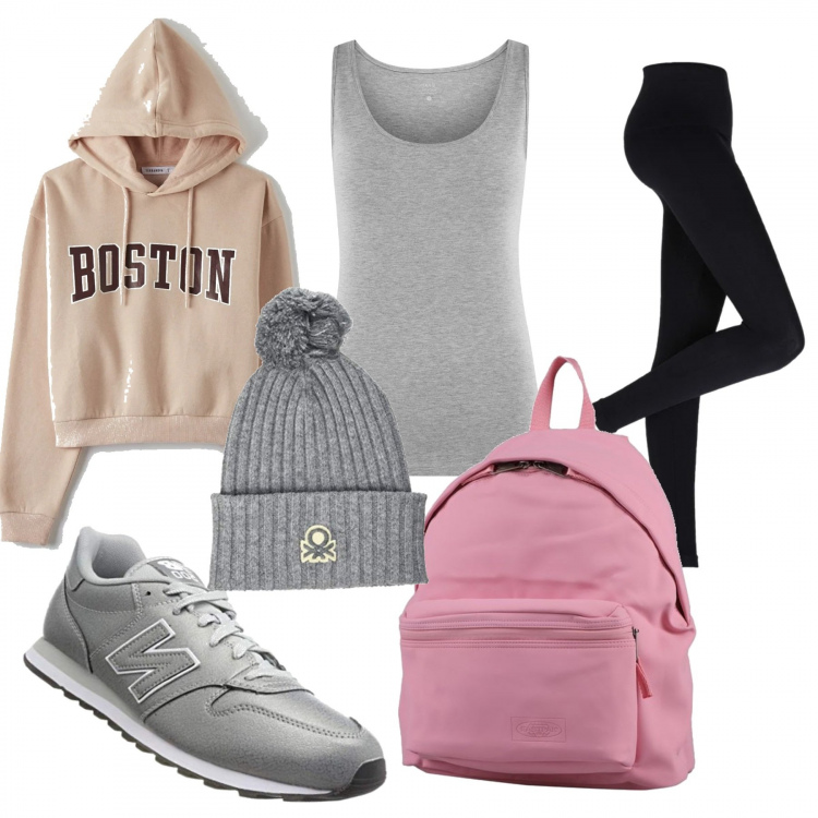 Outfit donna - Al parco. Stile Urban per Sport. Abbinamento con leggings, zaini, felpe con cappuccio, sneakers alte, canottiere, berretti.
