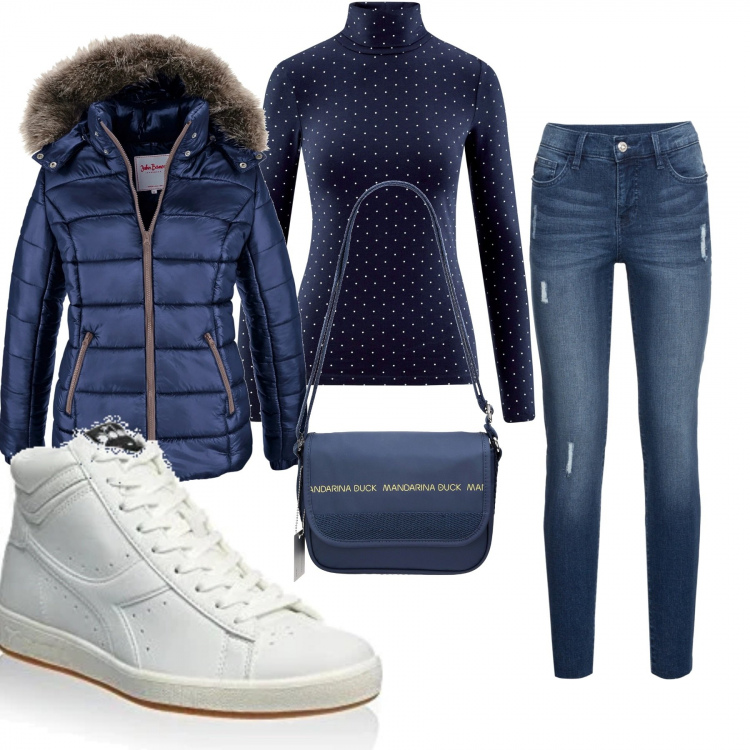 Outfit donna - Di corsa. Stile Urban per Tutti i giorni. Abbinamento con piumini, jeans strappati, borse a tracolla, maglieria, sneakers alte.