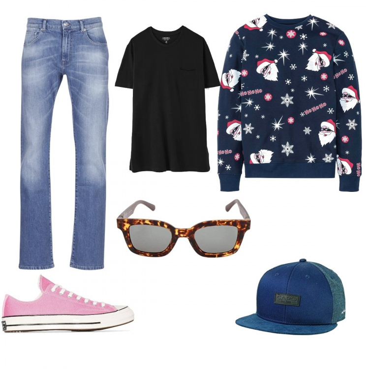 Outfit uomo - Trendy #10471. Stile Trendy per Tutti i giorni. Abbinamento con jeans bootcut, sneakers, t-shirt, felpe, occhiali da sole, cappelli con visiera.
