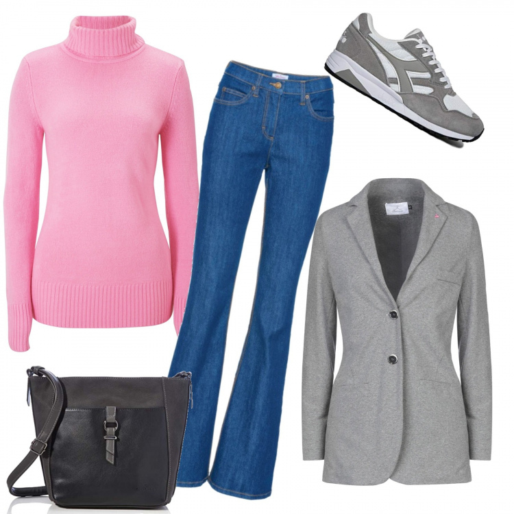 Outfit donna - Stile urbano. Stile Urban per Tutti i giorni. Abbinamento con maglieria, jeans bootcut, blazer, borse a spalla, sneakers.