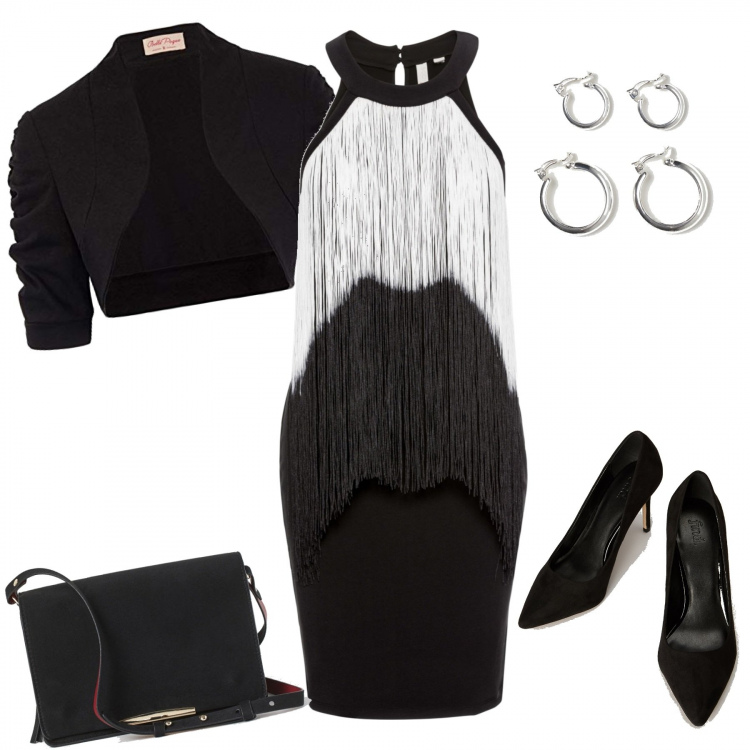 Outfit donna - Stile unico. Stile Chic per Serata fuori. Abbinamento con borse a secchiello, décolleté, bolero, borse a mano, orecchini.
