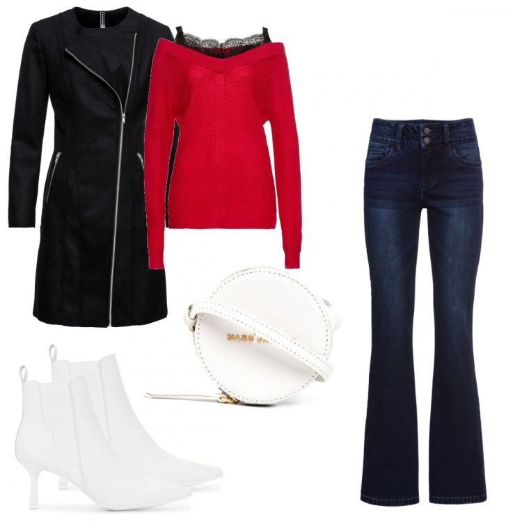 Outfit donna - Christmas style. Stile Basic per Tutti i giorni. Abbinamento con jeans bootcut, maglioni, cappotti, stivaletti, borse a tracolla.