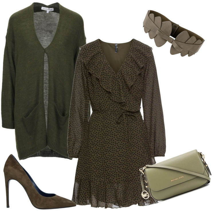 Outfit donna - Verde scuro. Stile Trendy per Tutti i giorni. Abbinamento con vestiti, cinture, cardigans, décolleté, borse a tracolla.