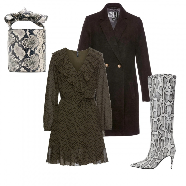 Outfit donna - Scales everywhere. Stile Chic per Serata fuori. Abbinamento con vestiti, cappotti, stivali sopra il ginocchio, borse a secchiello.