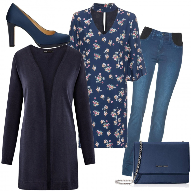 Outfit donna - L\'abito delizioso sul jeans. Stile Trendy per Tutti i giorni. Abbinamento con jeans skinny, cappotti, décolleté, cardigans, clutch.