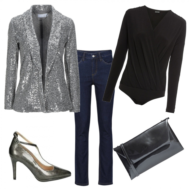 Outfit donna - Il jeans con la giacca elegante. Stile Trendy per Tutti i giorni. Abbinamento con jeans, body, blazer, borse a mano, décolleté.