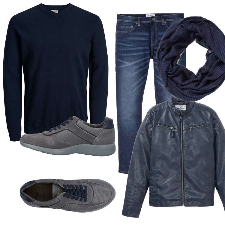 Outfit uomo - Trendy #10490. Stile Trendy per Serata speciale. Abbinamento con jeans dritti, giacche, sneakers, maglioni, sciarpe e foulard.