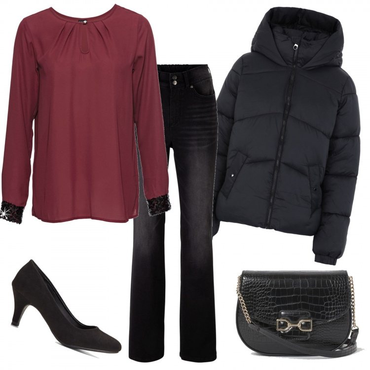 Outfit donna - Trendy #86091. Stile Trendy per Tutti i giorni. Abbinamento con jeans bootcut, décolleté, bluse, piumini, borse a tracolla.