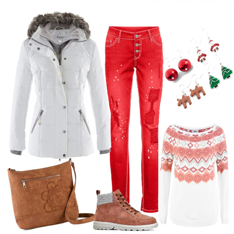 Outfit donna - Atmosfera natalizia con Bonprix. Stile Basic per Tutti i giorni. Abbinamento con piumini, maglioni, pantaloni, maglieria, orecchini, maglieria.