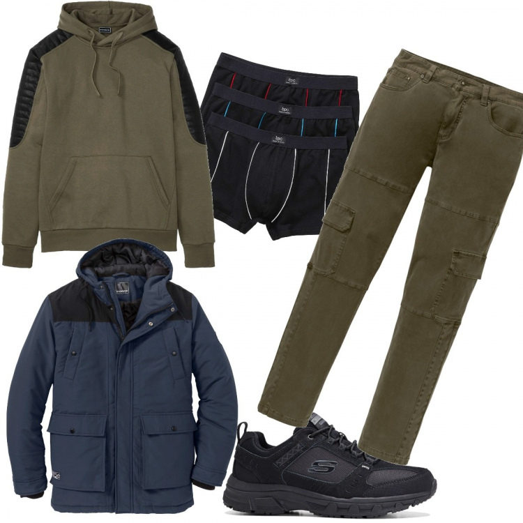 Outfit uomo - Fuori coperto. Stile Urban per Tutti i giorni. Abbinamento con boxer, pantaloni cargo, sneakers, felpe con cappuccio, piumini.