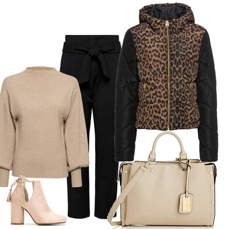 Outfit donna - Con il piumino in nero e beige. Stile Basic per Tutti i giorni. Abbinamento con maglieria, blazer, stivaletti, pantaloni, borse tote.