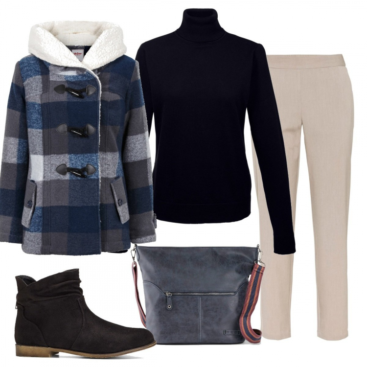 Outfit donna - Al caldo con stile. Stile Basic per Tutti i giorni. Abbinamento con maglieria, stivaletti, blazer, pantaloni, borse a tracolla.