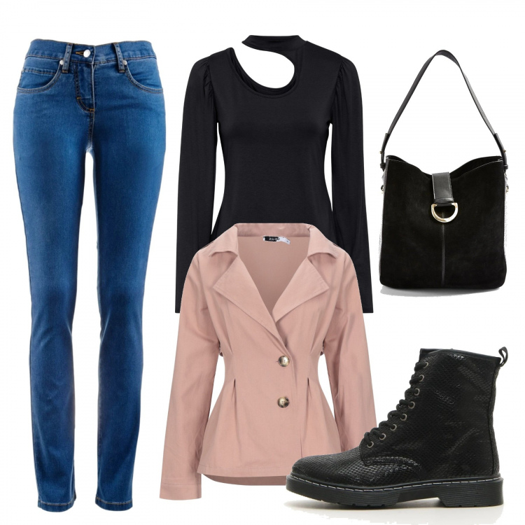 Outfit donna - Trendy #86216. Stile Trendy per Tutti i giorni. Abbinamento con vestiti, jeans dritti, blazer, borse a spalla, anfibi.