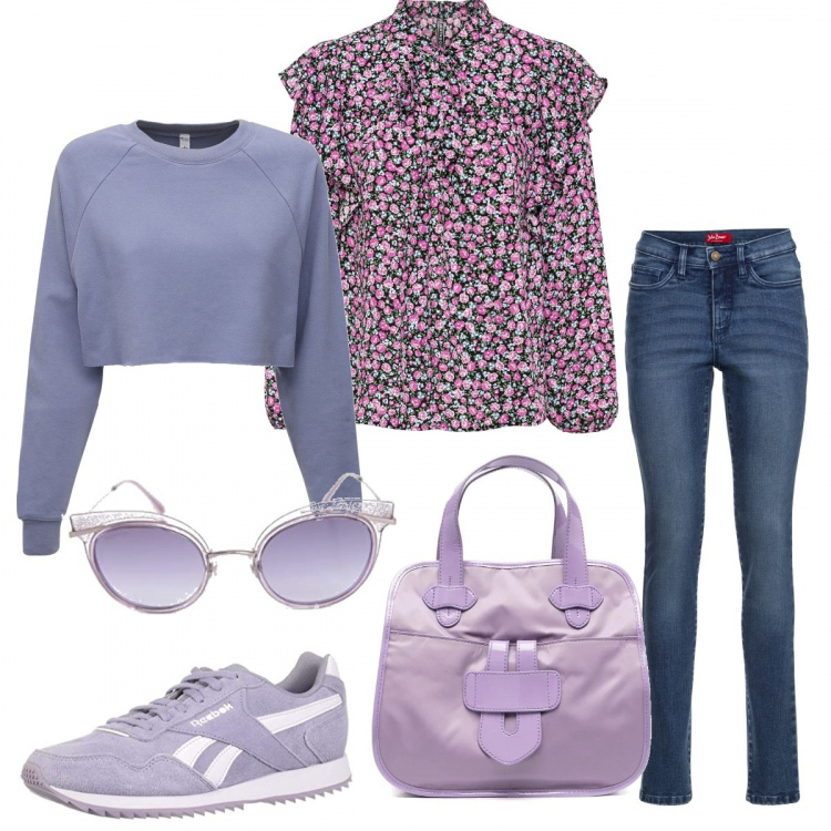 Outfit donna - Urban #32152. Stile Urban per Tutti i giorni. Abbinamento con jeans slim fit, bluse, borse tote, sneakers, maglieria, occhiali da sole.