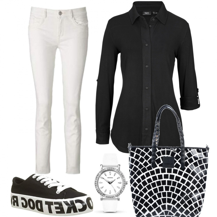 Outfit donna - Sportiva b&w. Stile Basic per Tutti i giorni. Abbinamento con camicie, borse a mano, pantaloni, sneakers, orologi analogici.