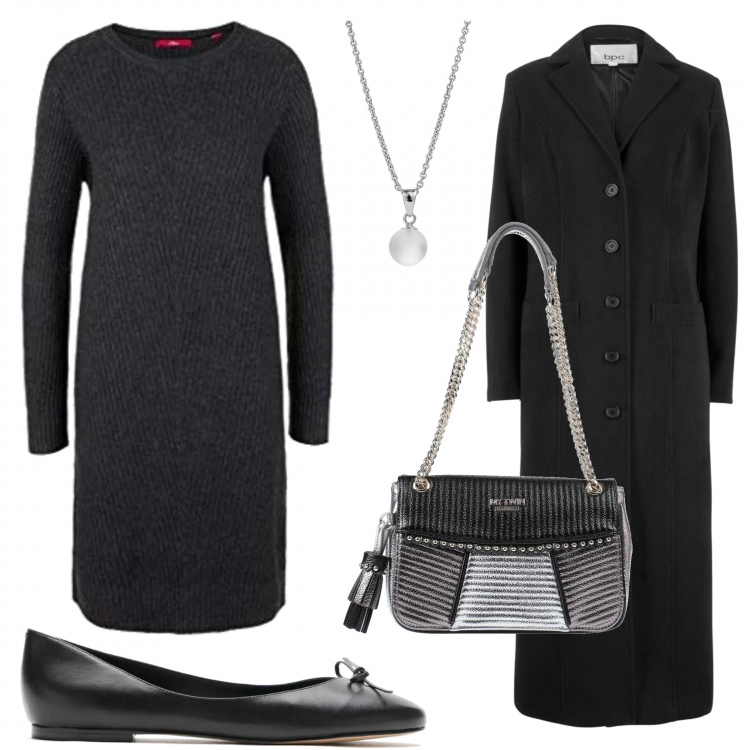Outfit donna - Stile minimale. Stile Basic per Tutti i giorni. Abbinamento con cappotti, borse a spalla, ballerine, vestiti, ciondoli.
