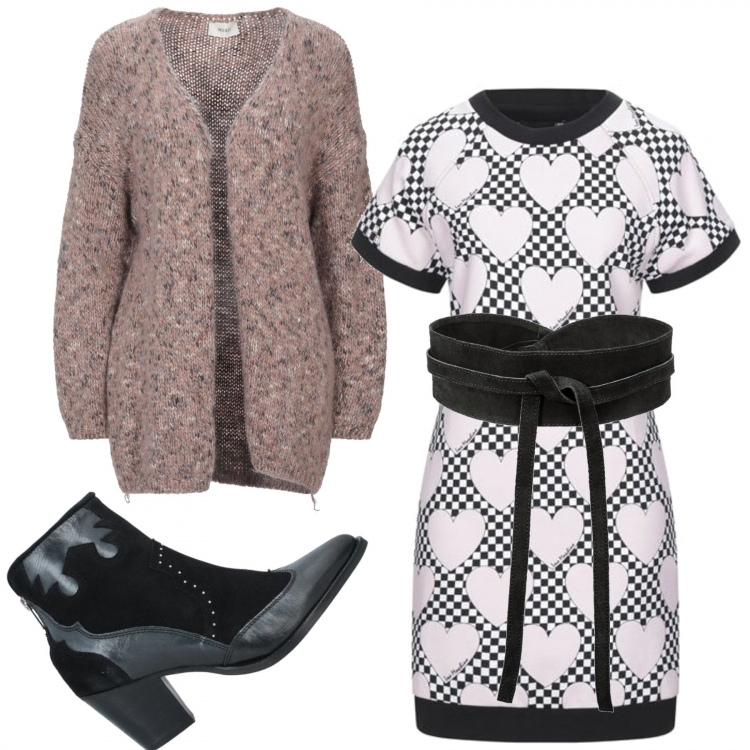 Outfit donna - Hearts and go. Stile Trendy per Tutti i giorni. Abbinamento con cinture, vestiti corti, cardigans, stivaletti.