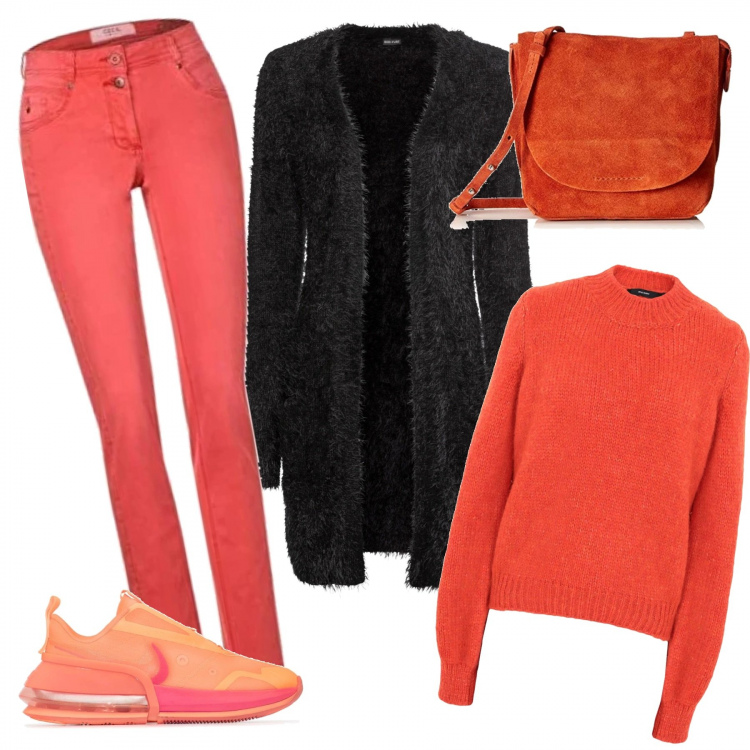 Outfit donna - Outfit all\'arancia. Stile Urban per Tutti i giorni. Abbinamento con cardigans, maglieria, sneakers, borse a spalla, pantaloni.