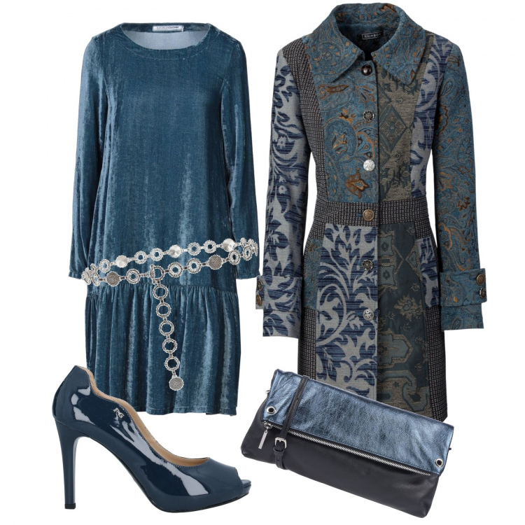Outfit donna - Abito petrolio. Stile Chic per Serata fuori. Abbinamento con cappotti, cinture, vestiti midi/longuette, décolleté, borse a tracolla.