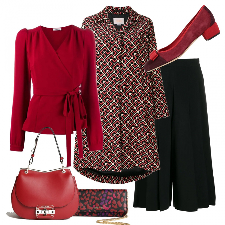 Outfit donna - Mi piace rosso.... Stile Trendy per Ufficio. Abbinamento con portafogli, borse a tracolla, bluse, pantaloni a palazzo, cappotti, décolleté.