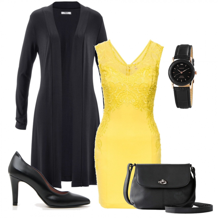 Outfit donna - L\'abito giallo. Stile Sexy per Tutti i giorni. Abbinamento con cardigans, vestiti senza maniche, borse a mano, décolleté, orologi analogici.