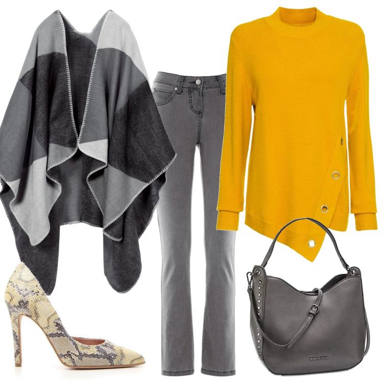 Outfit donna - La mantella grigia. Stile Trendy per Tutti i giorni. Abbinamento con jeans slim fit, maglioni, cappotti, décolleté, borse a tracolla.