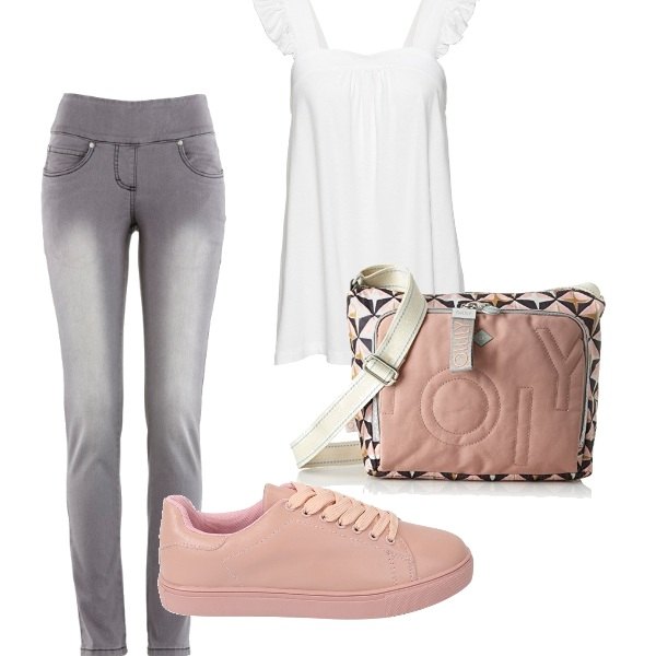 Outfit donna - Trendy. Stile Trendy per Tutti i giorni. Abbinamento con jeans slim fit, top forma svasata con spalline bianco.