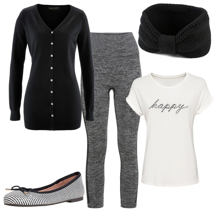 Outfit donna - Un caffè con la vicina - Curvy. Stile Basic per Tutti i giorni. Abbinamento con leggings sportivo, maglieria, pullovers, pullovers, ballerine.