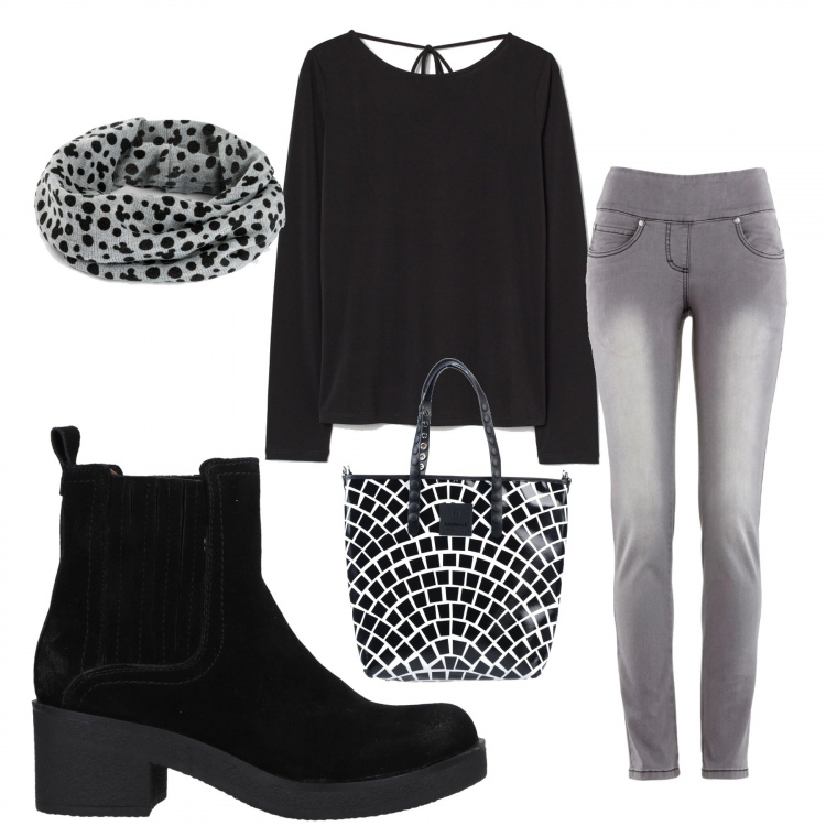 Outfit donna - La carica dei 101. Stile Basic per Tutti i giorni. Abbinamento con jeans slim fit, foulard, stivaletti chelsea, borse a mano, top.