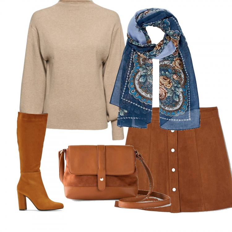 Outfit donna - Oggi pomeriggio. Stile Basic per Tutti i giorni. Abbinamento con maglieria, stivali, borse a tracolla, minigonne, sciarpe.