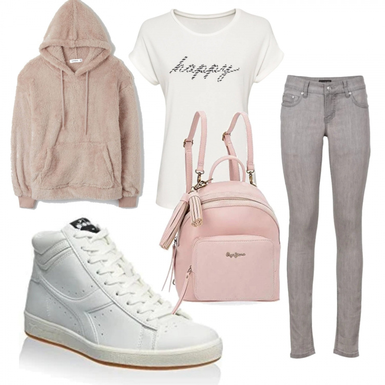 Outfit donna - Happy. Stile Basic per Tutti i giorni. Abbinamento con jeans skinny, pullovers, felpe con cappuccio, sneakers alte, zaini.