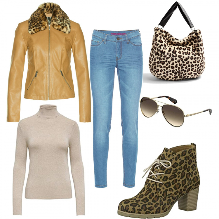 Outfit donna - A macchia di leopardo!. Stile Trendy per Tutti i giorni. Abbinamento con jeans skinny, blazer, borse a spalla, stivaletti, pullovers, occhiali da sole.