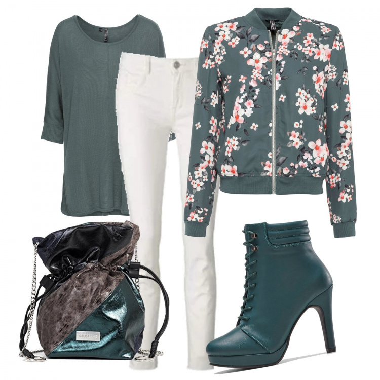 Outfit donna - Fiori nel bomber. Stile Basic per Tutti i giorni. Abbinamento con maglieria, bomber, stivaletti, pantaloni, shopping bag.