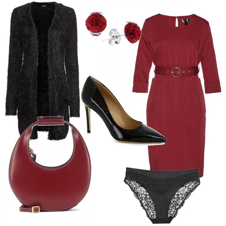 Outfit donna - The woman in wine. Stile Chic per Serata fuori. Abbinamento con cardigans, vestiti, scarpe col tacco, culotte, borse a tracolla, orecchini.