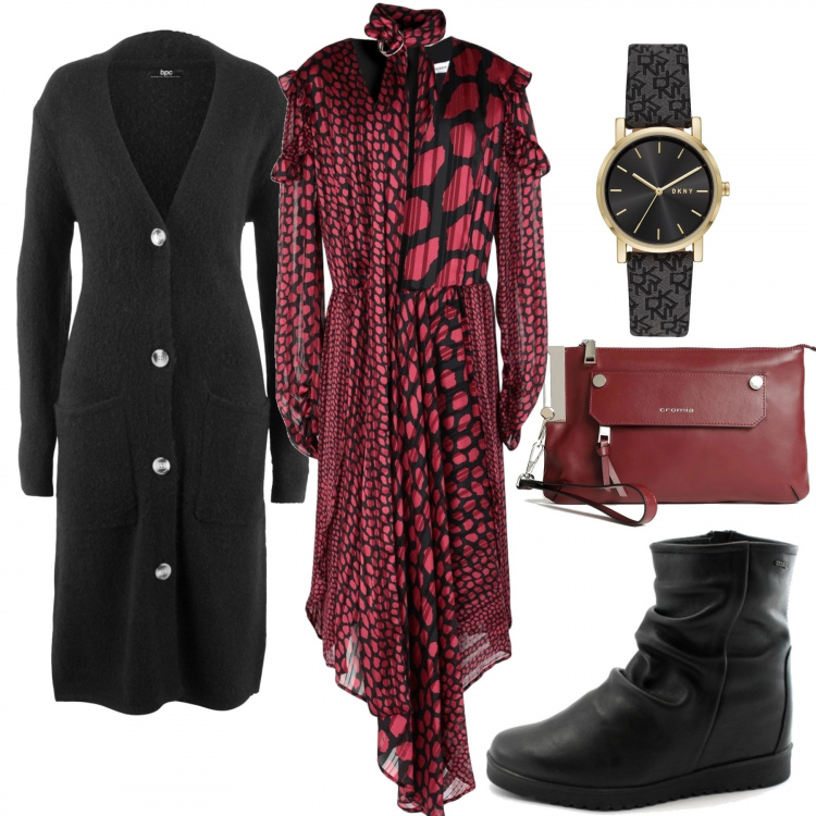 Outfit donna - In Abito Lungo. Stile Trendy per Serata fuori. Abbinamento con cardigans, vestiti midi/longuette, orologi, pochette, stivaletti.