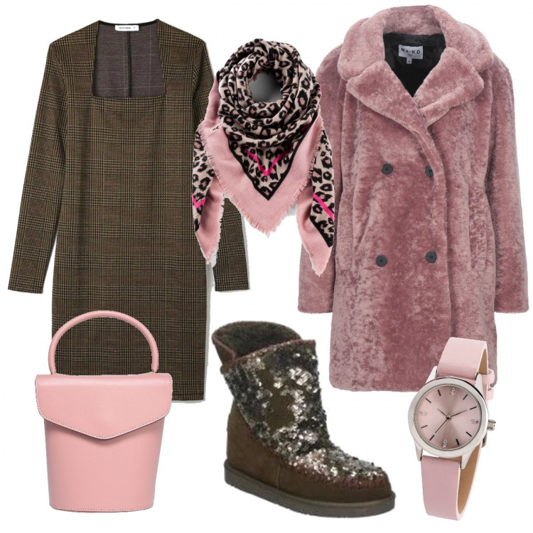 Outfit donna - Glam in rosa. Stile Trendy per Serata fuori. Abbinamento con foulard, orologi, ecopellicce, borse a mano, vestiti midi/longuette, stivali da neve.