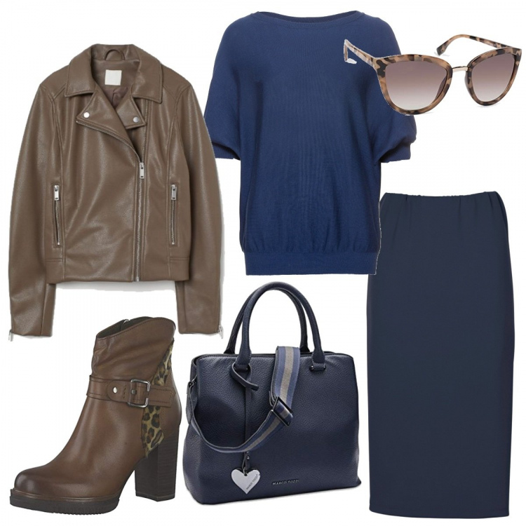 Outfit donna - Marrone e blu. Stile Trendy per Tutti i giorni. Abbinamento con maglieria, gonne longuette, borse a mano, stivaletti, cappotti, occhiali da sole.