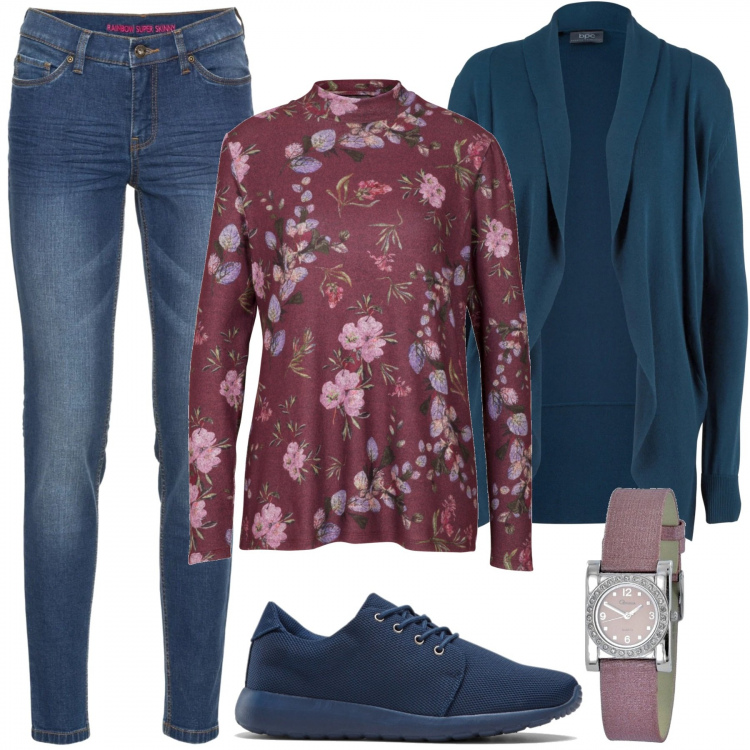 Outfit donna - La maglia fiorita. Stile Basic per Tutti i giorni. Abbinamento con cardigans, jeans skinny, felpe, sneakers, orologi.