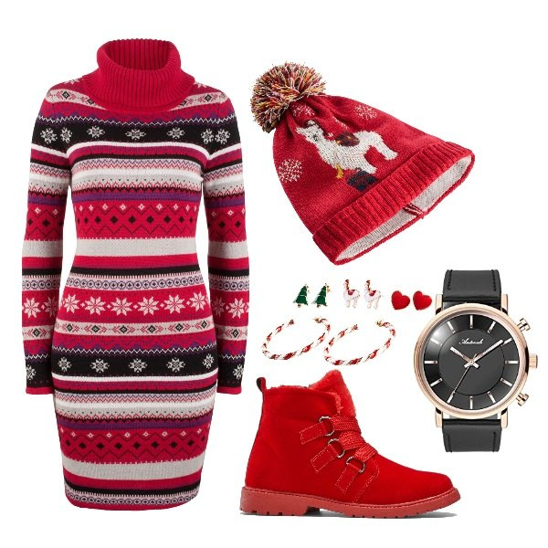 Outfit donna - Abito in maglia-aspettando il Natale. Stile Trendy per Serata fuori. Abbinamento con costumi interi, vestiti, stivaletti, berretti, orologi analogici.