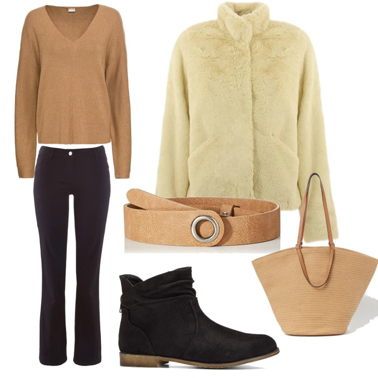 Outfit donna - Autunno. Stile Basic per Tutti i giorni. look ideale per Tall. Abbinamento con stivaletti, maglieria, pantaloni, cappotti, shopping bag, cinture.