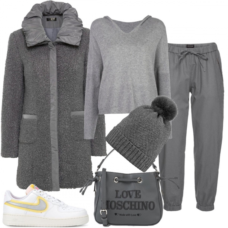 Outfit donna - Minimal e fashion in grigio. Stile Basic per Tutti i giorni. Abbinamento con pantaloni, giacche, borse a mano, sneakers, felpe con cappuccio, berretti.