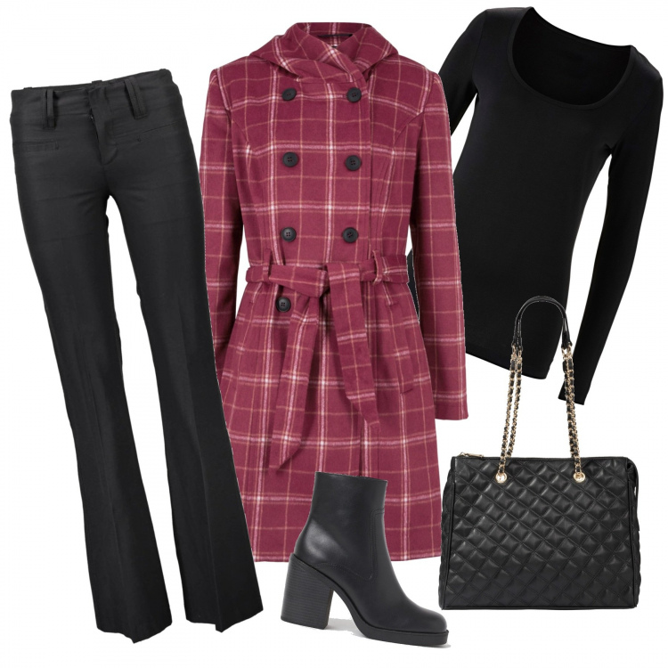 Outfit donna - Il cappotto a quadri. Stile Trendy per Tutti i giorni. Abbinamento con t-shirt sportive, shopping bag, cappotti, pantaloni, stivaletti.