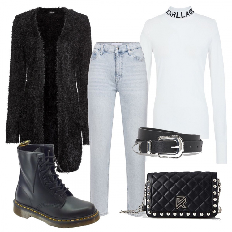 Outfit donna - Mom jeans. Stile Urban per Scuola/Università. Abbinamento con cardigans, pullovers, anfibi, jeans mom, borse messenger, cinture.