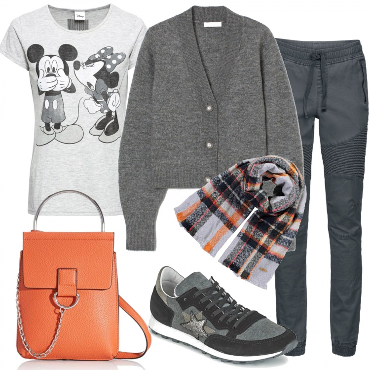 Outfit donna - Basic con dettagli arancioni. Stile Basic per Tutti i giorni. Abbinamento con pantaloni sportivi, maglieria, sneakers, cardigans, borse a tracolla, sciarpe.