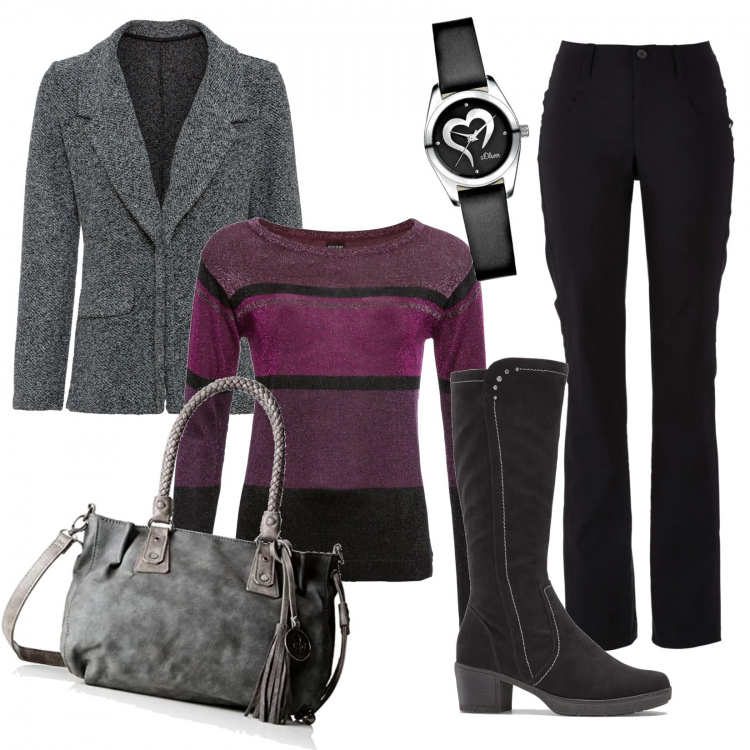 Outfit donna - Economico e di classe. Stile Trendy per Tutti i giorni. Abbinamento con maglieria, pantaloni, top, stivali, borse a mano, orologi.