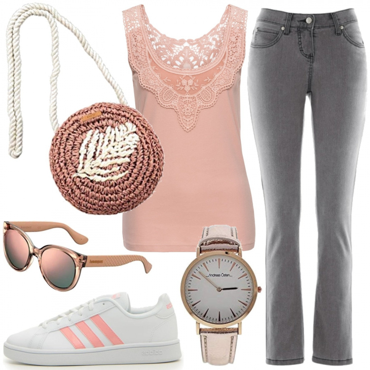 Outfit donna - La borsetta dell\'estate. Stile Basic per Tutti i giorni. Abbinamento con jeans slim fit, top, sneakers, occhiali da sole, orologi analogici, borse a tracolla.