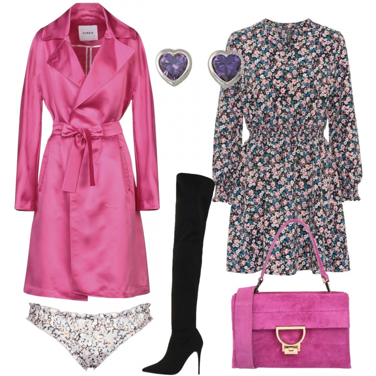Outfit donna - Sexy #10716. Stile Sexy per Serata fuori. Abbinamento con stivali sopra il ginocchio, borse a mano, cappotti, vestiti, orecchini, slip.