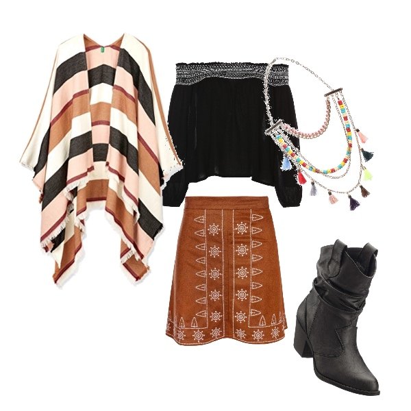 Outfit donna - Western. Stile Etnico per Tutti i giorni. Abbinamento con stivaletti texani, tunica scollatura in viscosa.