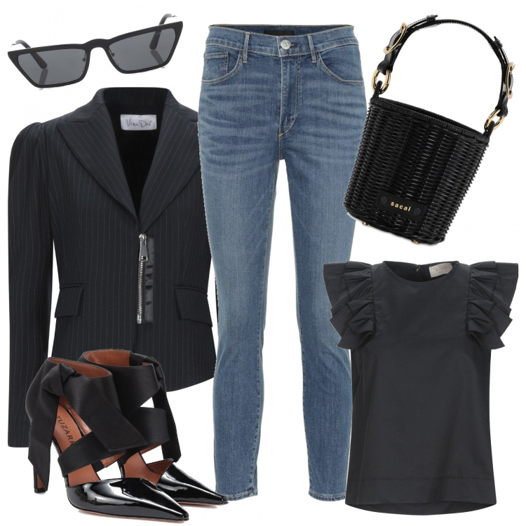 Outfit donna - Cyber monday non ti temo!. Stile Urban per Ufficio. Abbinamento con bluse, blazer, jeans skinny, décolleté, occhiali da sole, borse a secchiello.